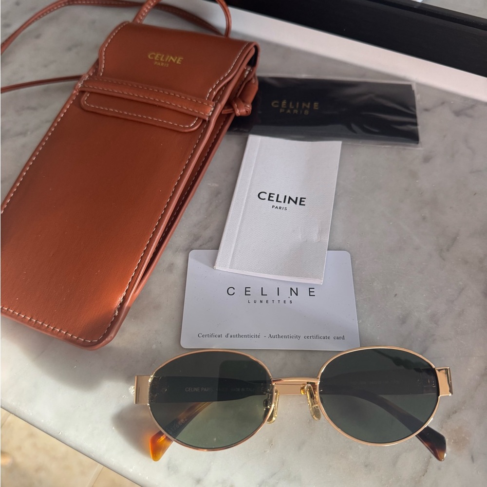Celine Triomphe CL40235U Gold Frame Green Lenses Oval Sunglasses with Tan Case